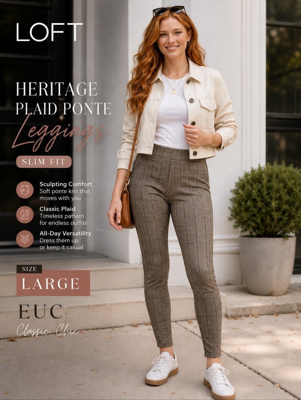 LOFT Heritage Plaid Ponte Leggings | Size Large |Slim Fit Pull-On Pants|Classic